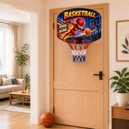Kids basketball hoop set with colorful backboard and red-blue net mounted on a door