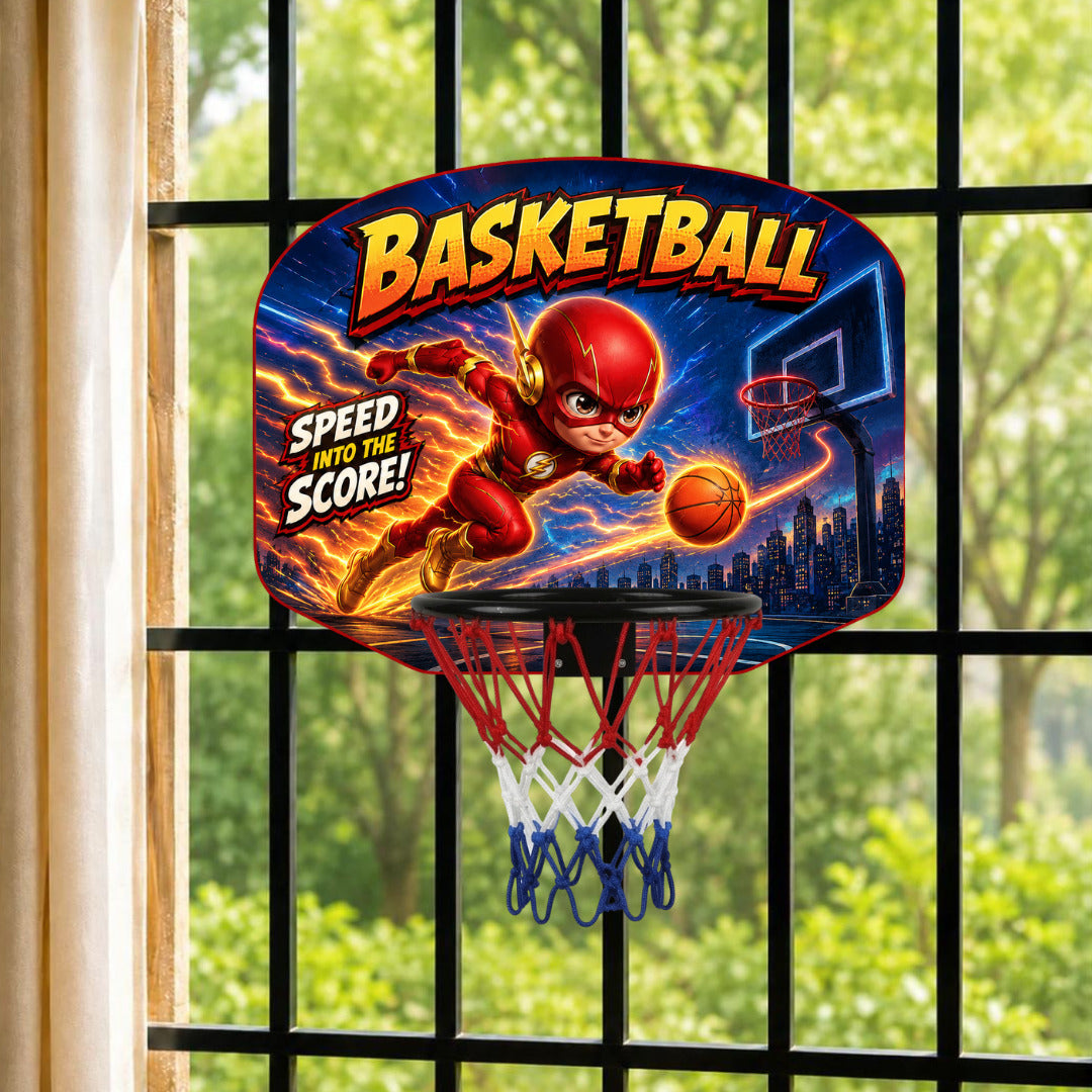Kids basketball hoop set with colorful backboard and red-blue net, shown on a window