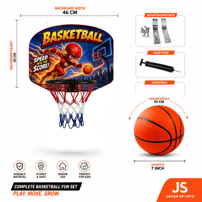 Kids basketball hoop set bundle with backboard, basketball, hand pump, and mounting brackets