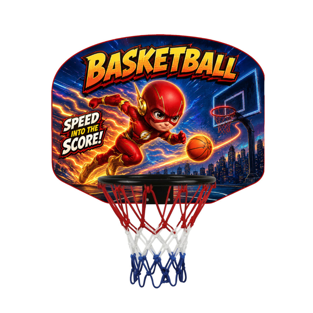 Kids basketball hoop with colorful backboard and red-blue hanging net, isolated