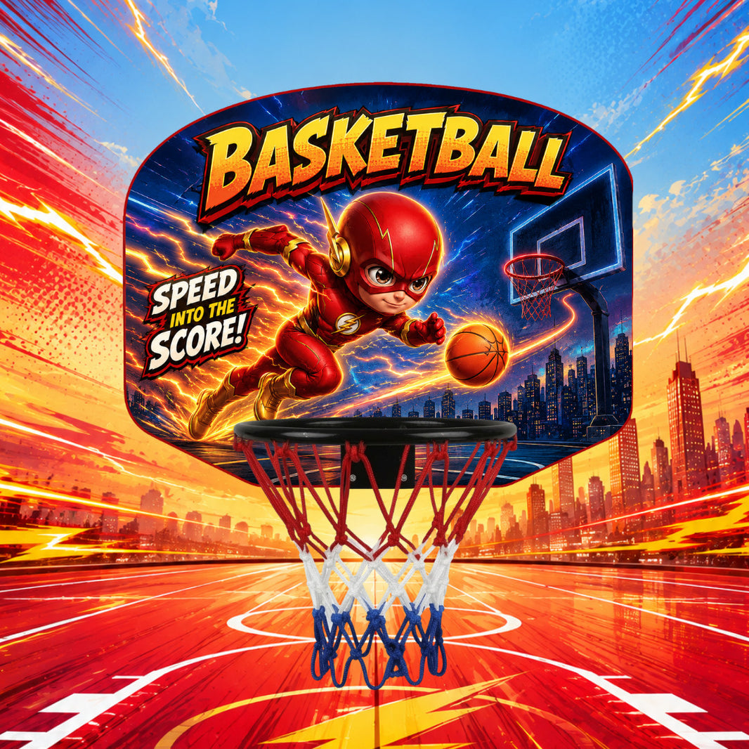 Kids basketball hoop with colorful backboard and red-blue net, mounted hoop ring