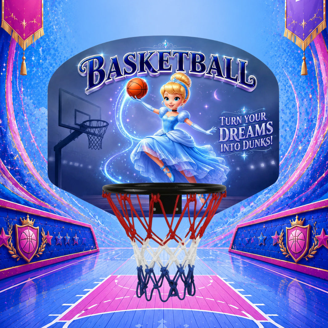 Kids basketball hoop set with dark backboard, red net, and blue hoop