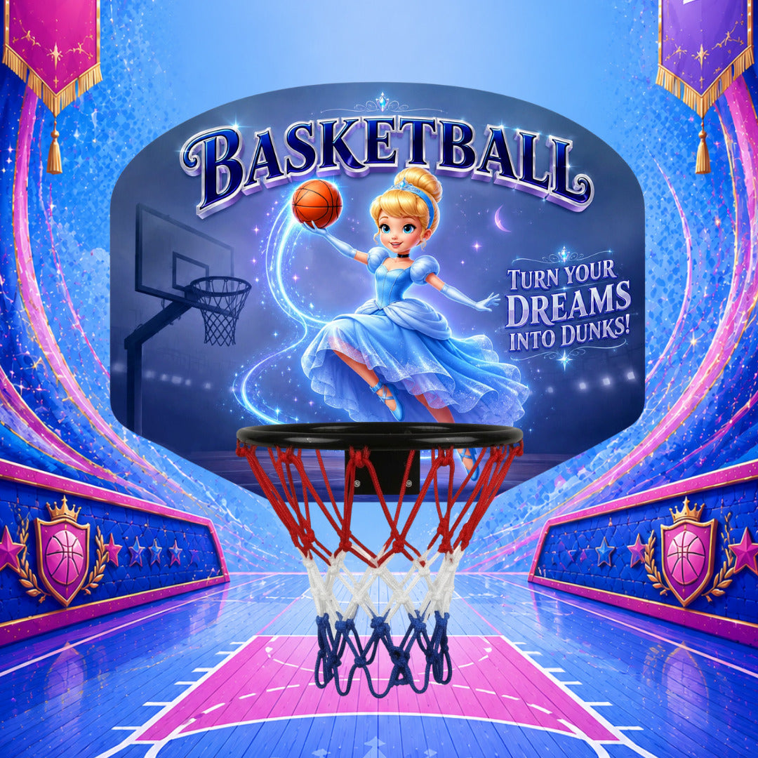Kids basketball hoop set with dark backboard, red net, and blue hoop