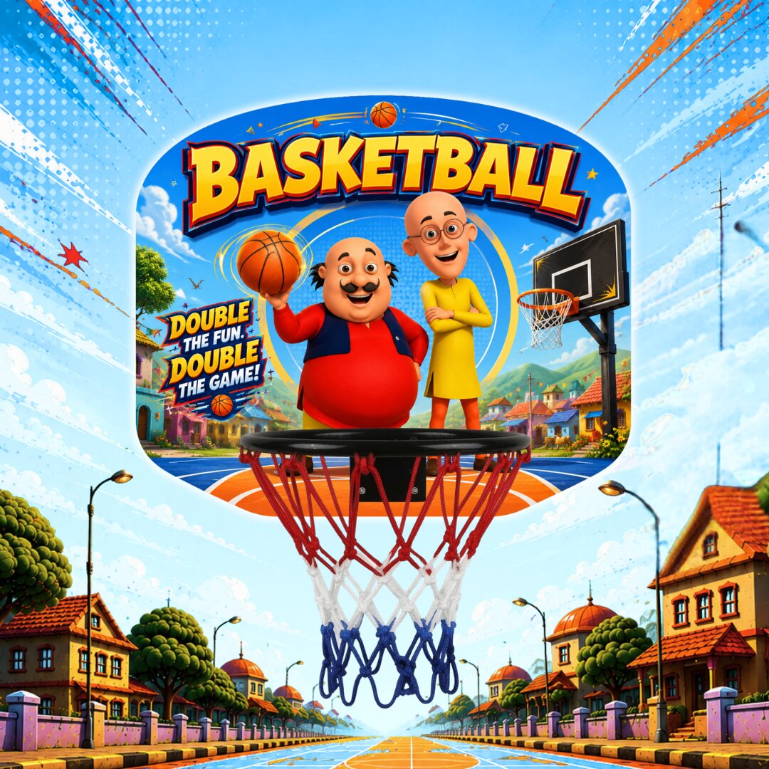 Kids basketball hoop with cartoon backboard, red rim, and blue net