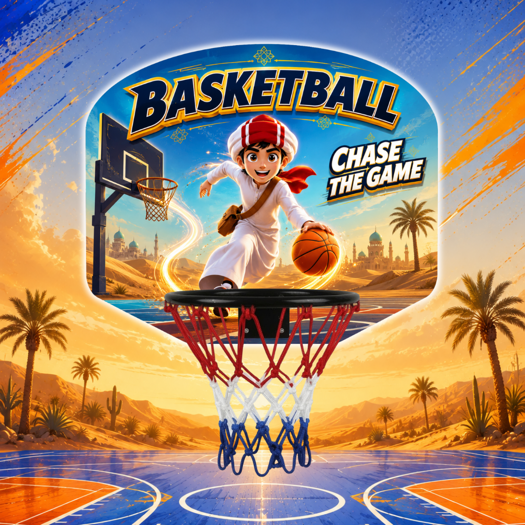 Kids basketball hoop with cartoon backboard and red rim; white-blue net hanging