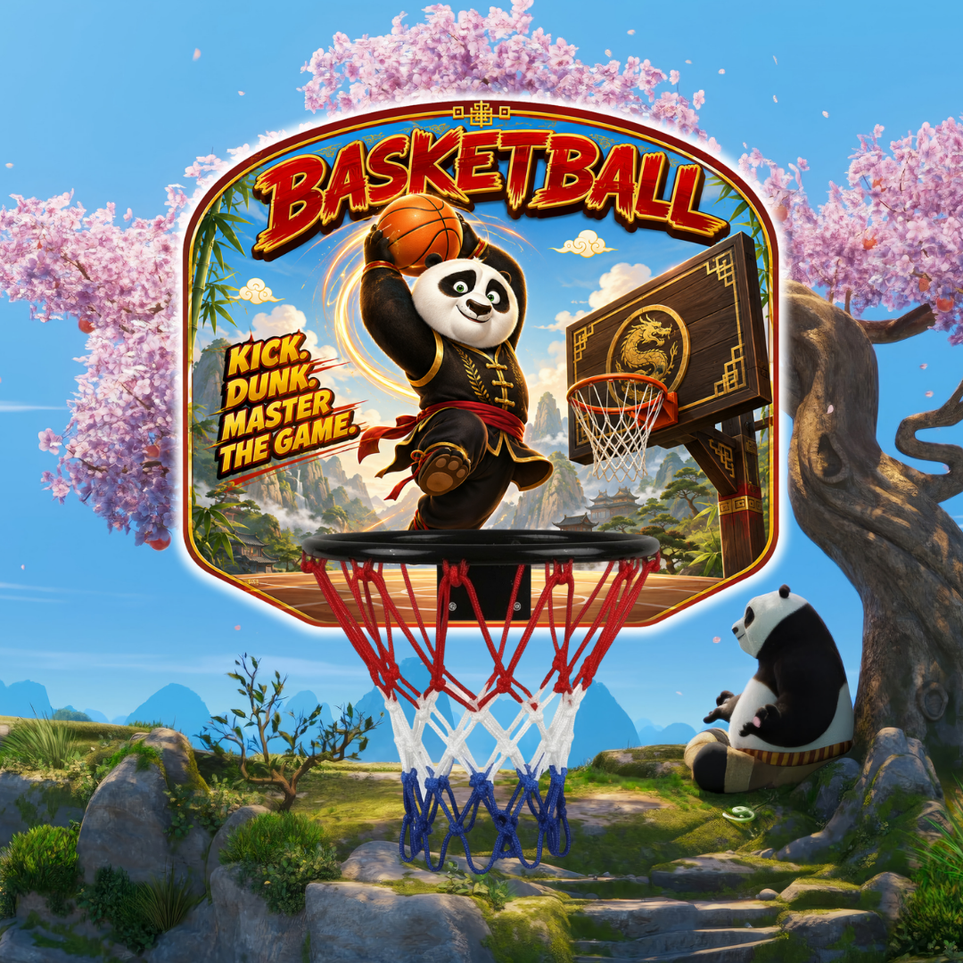 Kids basketball hoop set with panda artwork, red rim and white-blue net for outdoor play