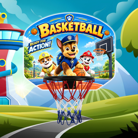 Kids basketball hoop with cartoon backboard and red-and-white net