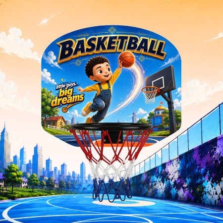 Kids basketball hoop set with blue backboard, red rim, and red net with white links
