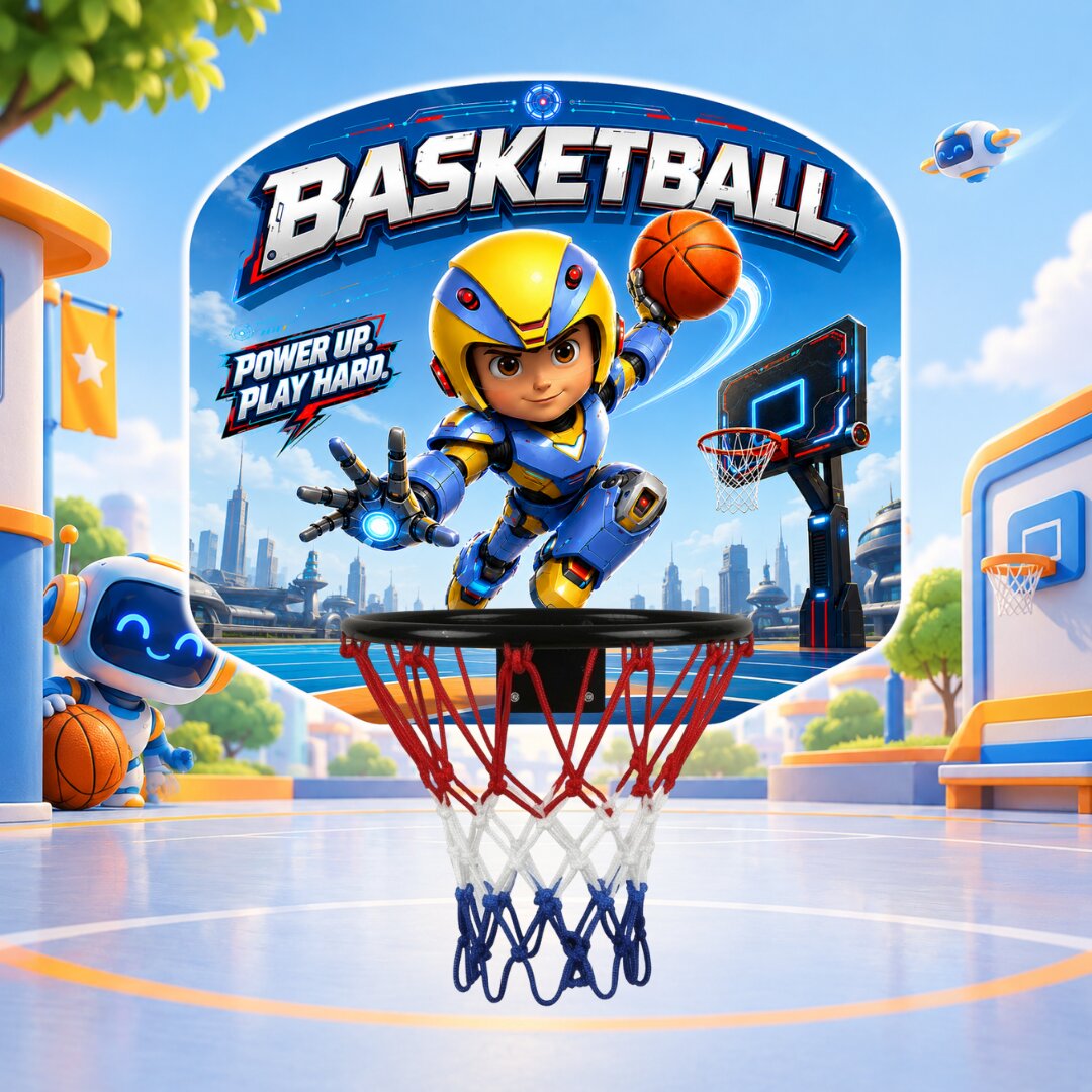 Kids basketball hoop with blue hanging net and red rim on an outdoor court