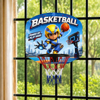 Kids basketball hoop with blue net, red rim, and “Basketball” themed backboard