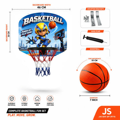 Kids basketball hoop set with themed backboard, red rim, blue net, ball and pump