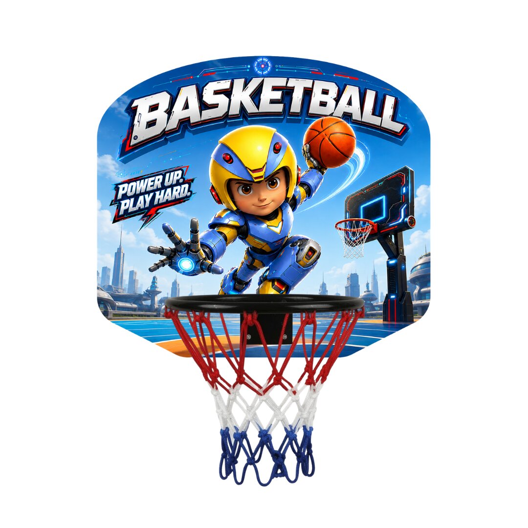 Kids basketball hoop backboard with character art, red rim, and blue net