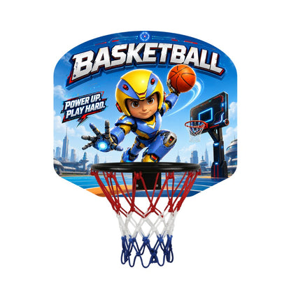 Kids basketball hoop backboard with character art, red rim, and blue net