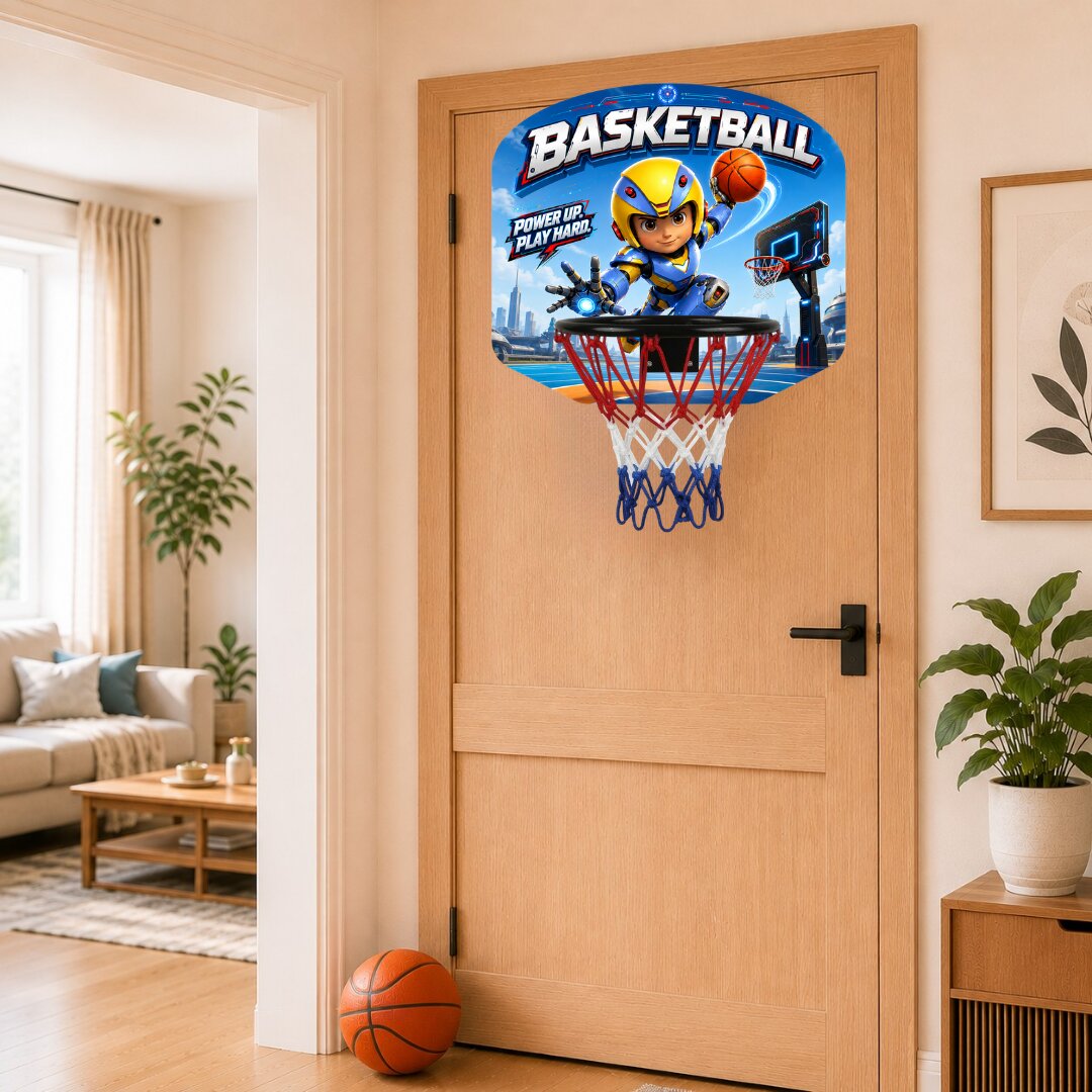 Kids basketball hoop mounted on a door, blue net with red rim and themed backboard