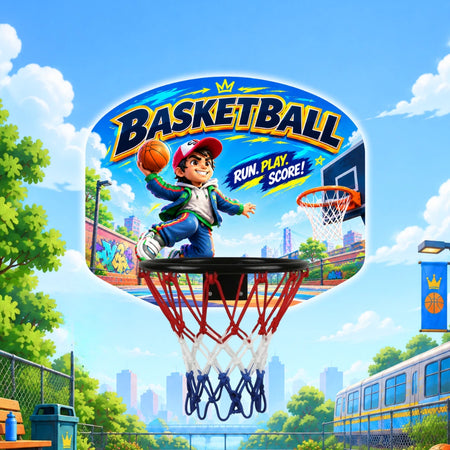 Kids basketball hoop with blue 'BASKETBALL' backboard, red rim, and white net
