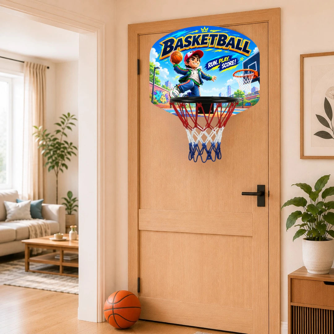 Wall-mounted basketball hoop with blue backboard, red rim, and hanging white net