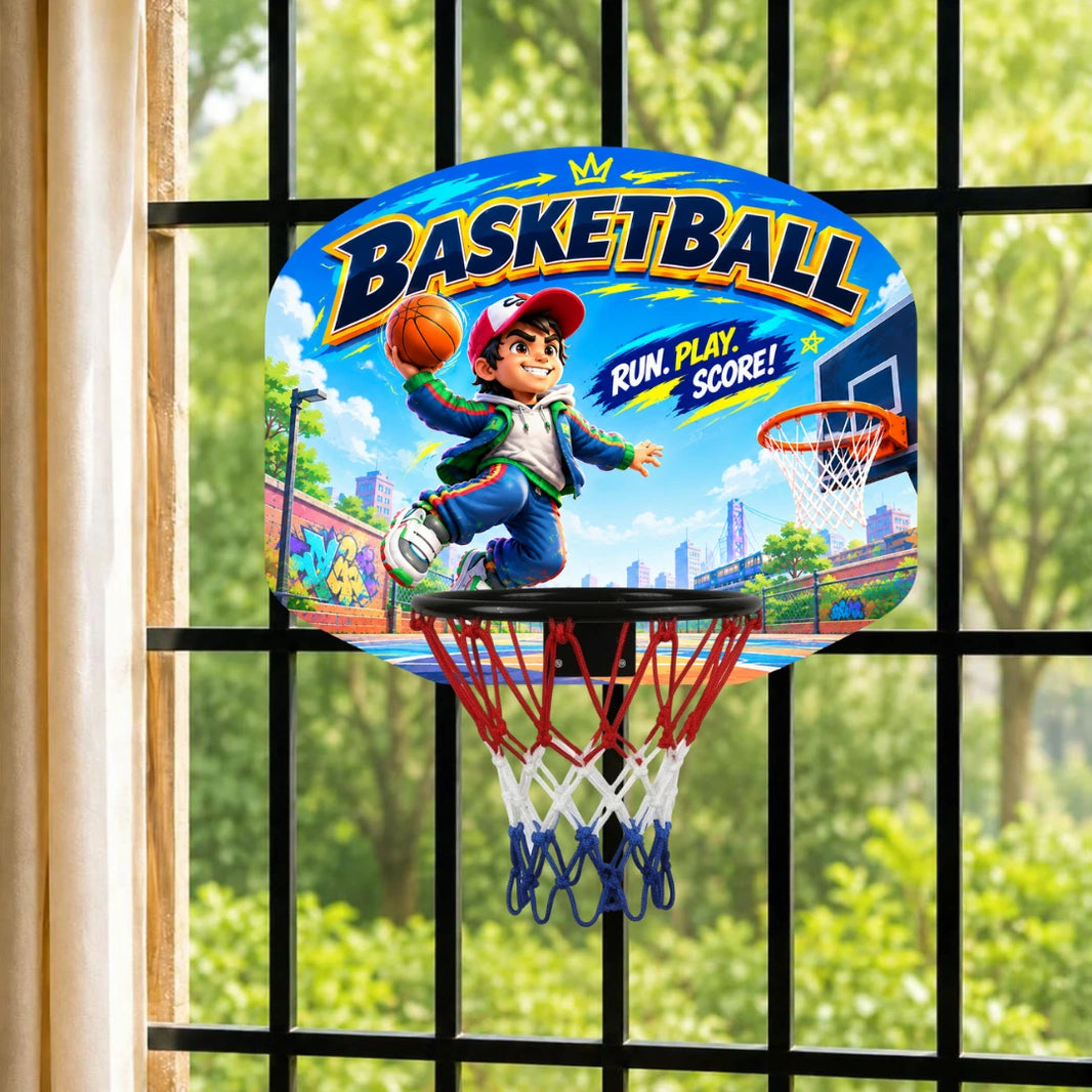Kids basketball hoop behind window bars, blue backboard with player graphic and net
