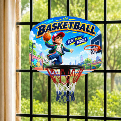 Kids basketball hoop behind window bars, blue backboard with player graphic and net