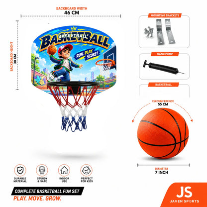 Basketball hoop play set with backboard, mounting brackets, hand pump, and basketball