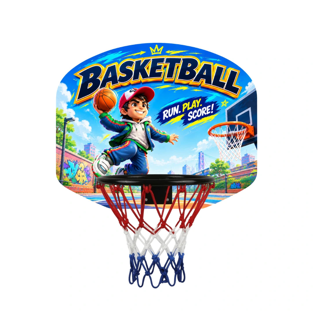 Basketball hoop backboard with 'BASKETBALL' text, red rim, white net, and blue frame