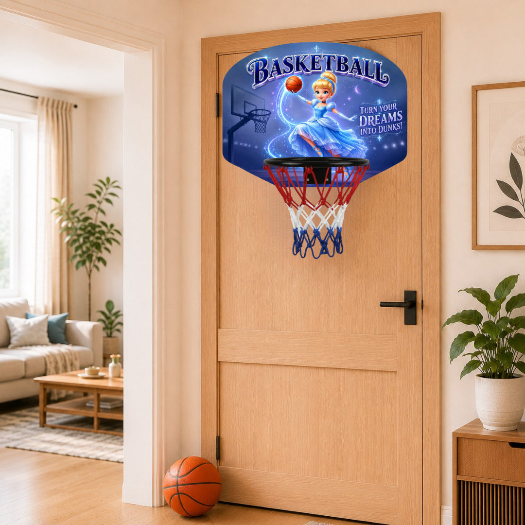 Kids basketball hoop set mounted on a wooden door, red net and blue hoop