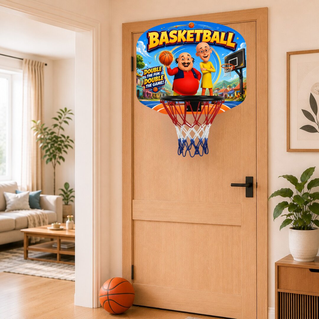 Kids basketball hoop mounted on door, cartoon backboard and blue net