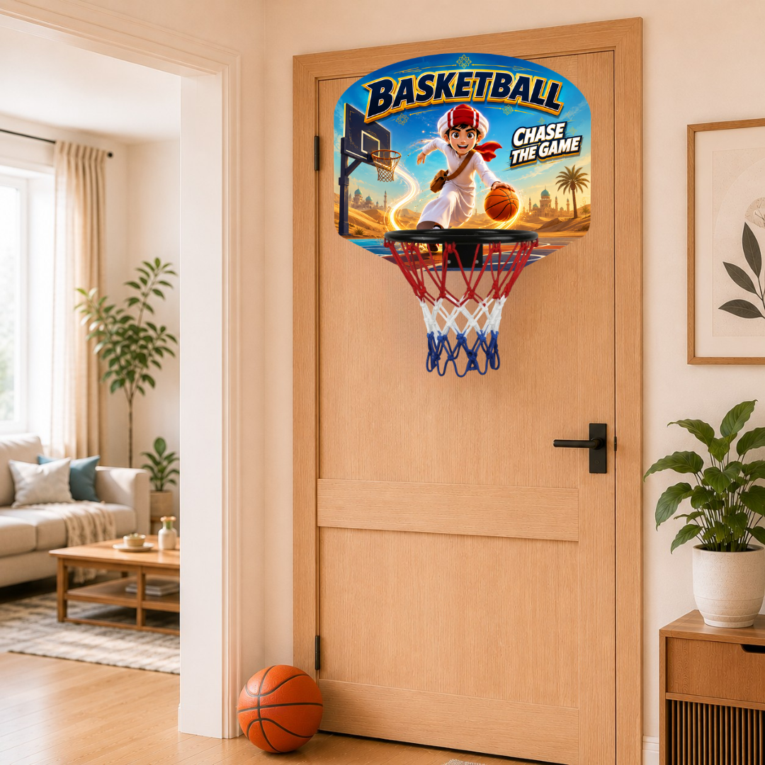 Kids basketball hoop with cartoon backboard, red rim, white-blue net; orange ball on floor