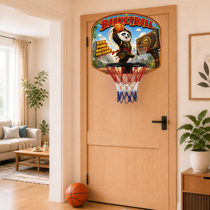Kids basketball hoop set on an interior door, with panda backboard and net