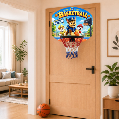 Kids basketball hoop on door with cartoon backboard and basketball ball on floor