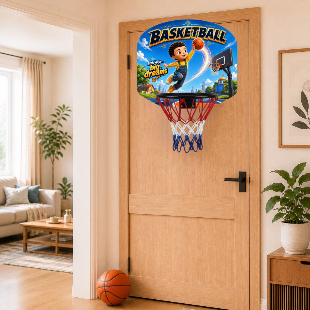 Kids basketball hoop set with blue backboard graphic, red rim, and hanging net on door mount