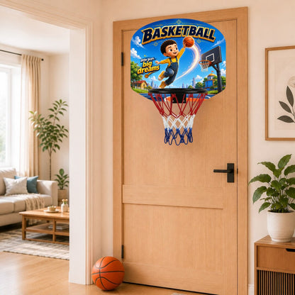 Kids basketball hoop set with blue backboard graphic, red rim, and hanging net on door mount