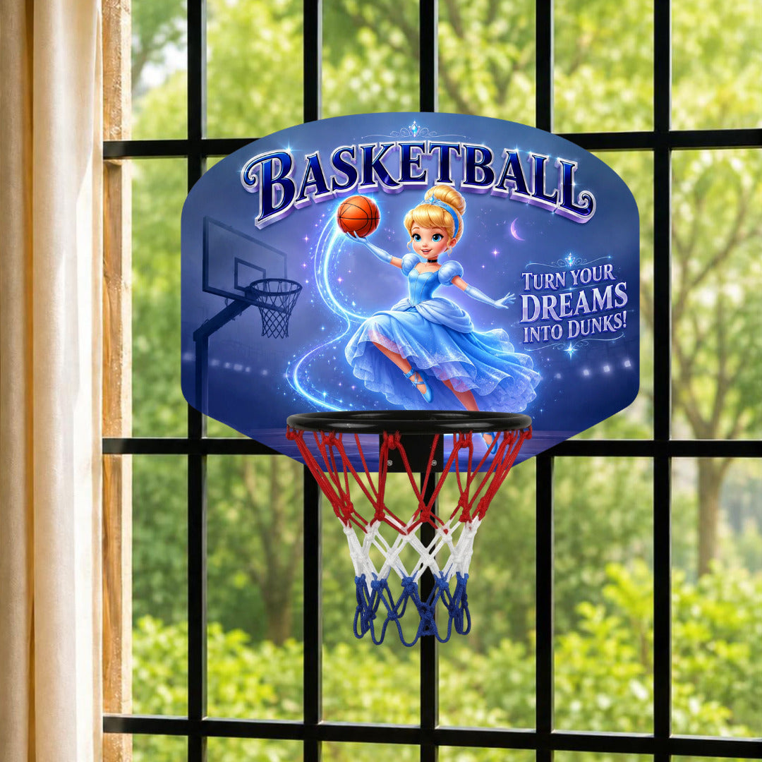 Kids basketball hoop set with dark backboard, red net, and blue hoop