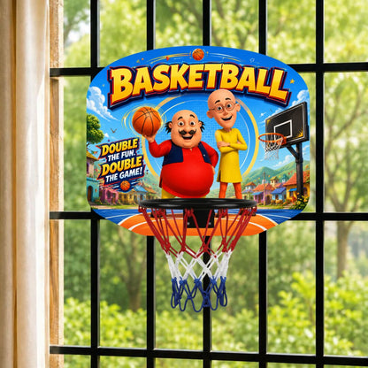 Kids basketball hoop with cartoon backboard and net hanging from red rim
