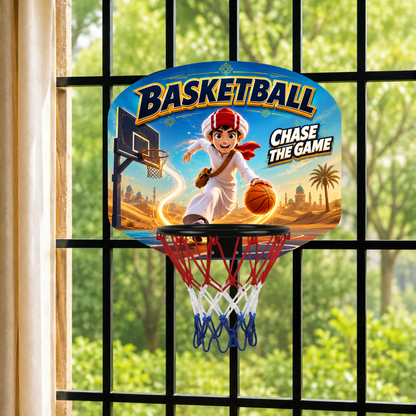 Kids basketball hoop with cartoon backboard, red rim, and white-blue hanging net