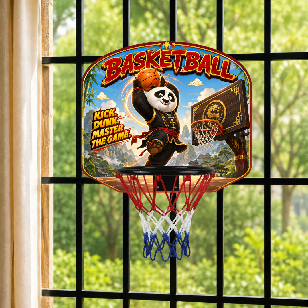 Kids basketball hoop set with panda graphic, red rim and white-blue net on stand