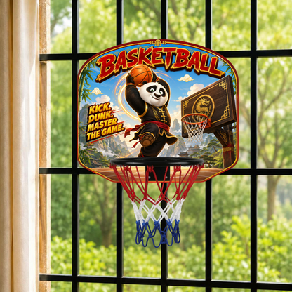 Kids basketball hoop set with panda graphic, red rim and white-blue net on stand