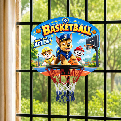 Kids basketball hoop with cartoon Paw Patrol-style backboard and red net