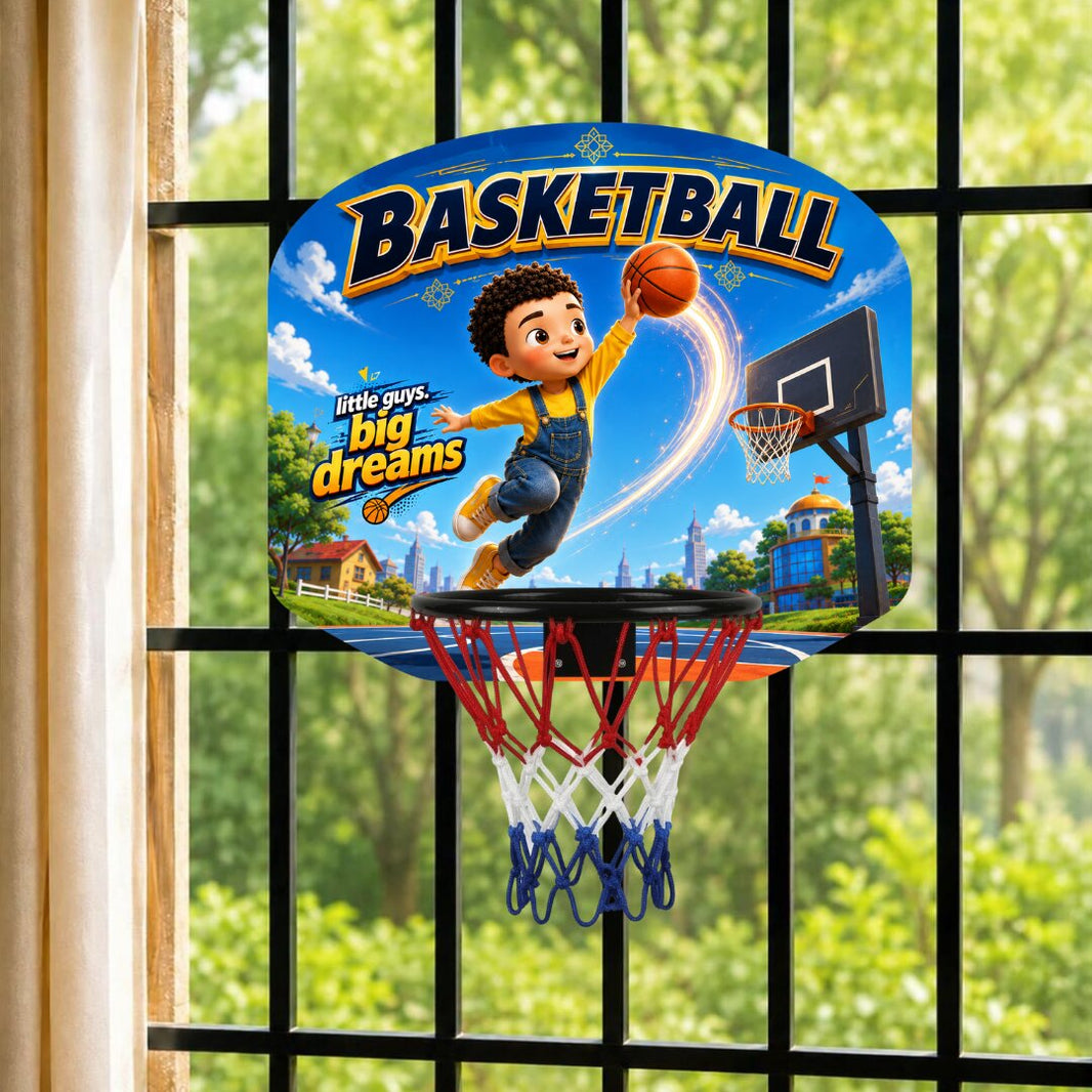 Kids basketball hoop set with blue backboard graphic and red-and-white net hanging from rim