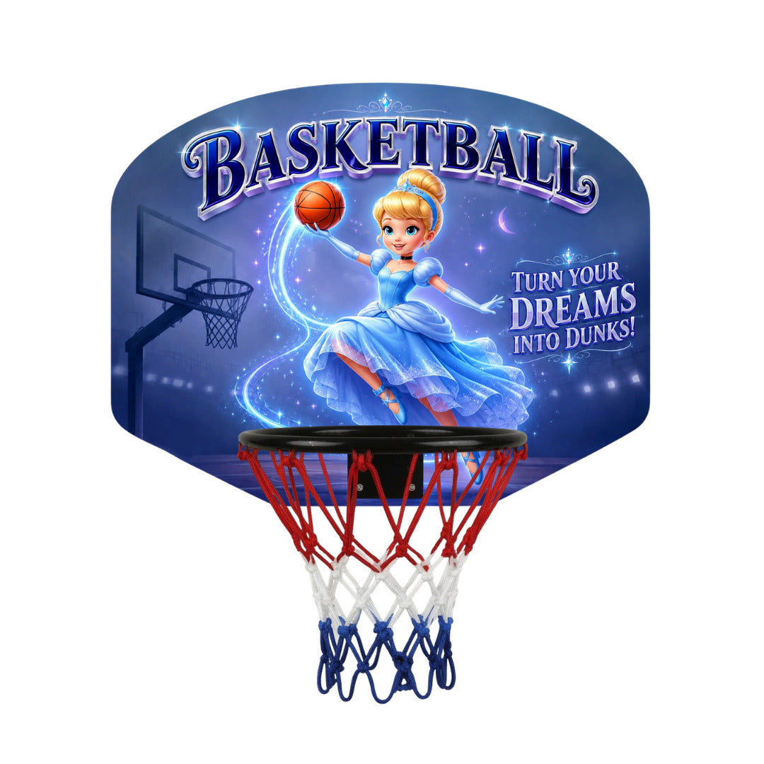 Kids princess-themed basketball hoop set with dark backboard and red-and-blue net