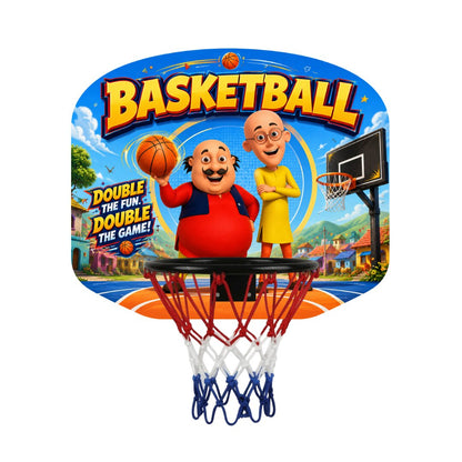 Kids basketball hoop with blue cartoon backboard and white net, red rim