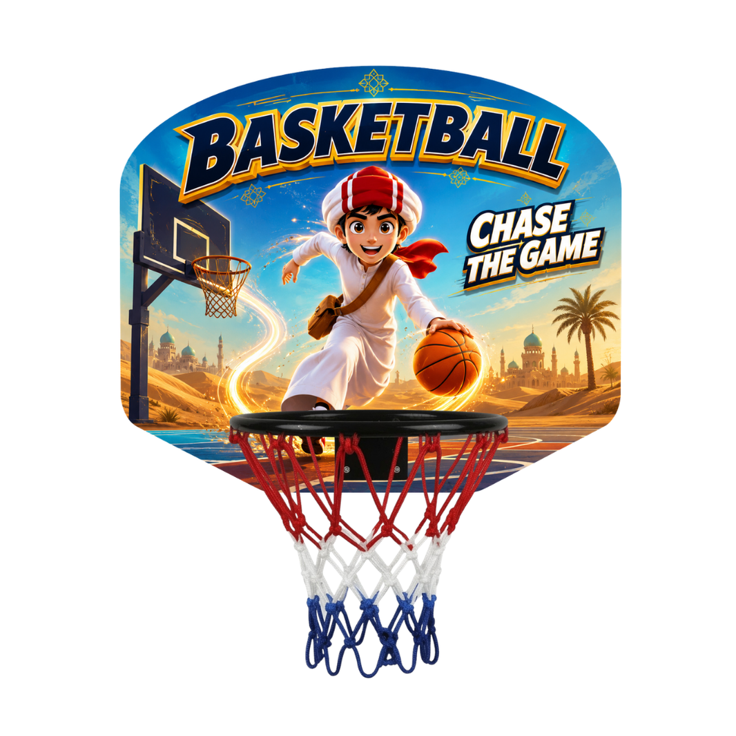 Kids basketball hoop with cartoon backboard, red rim, and white-blue net