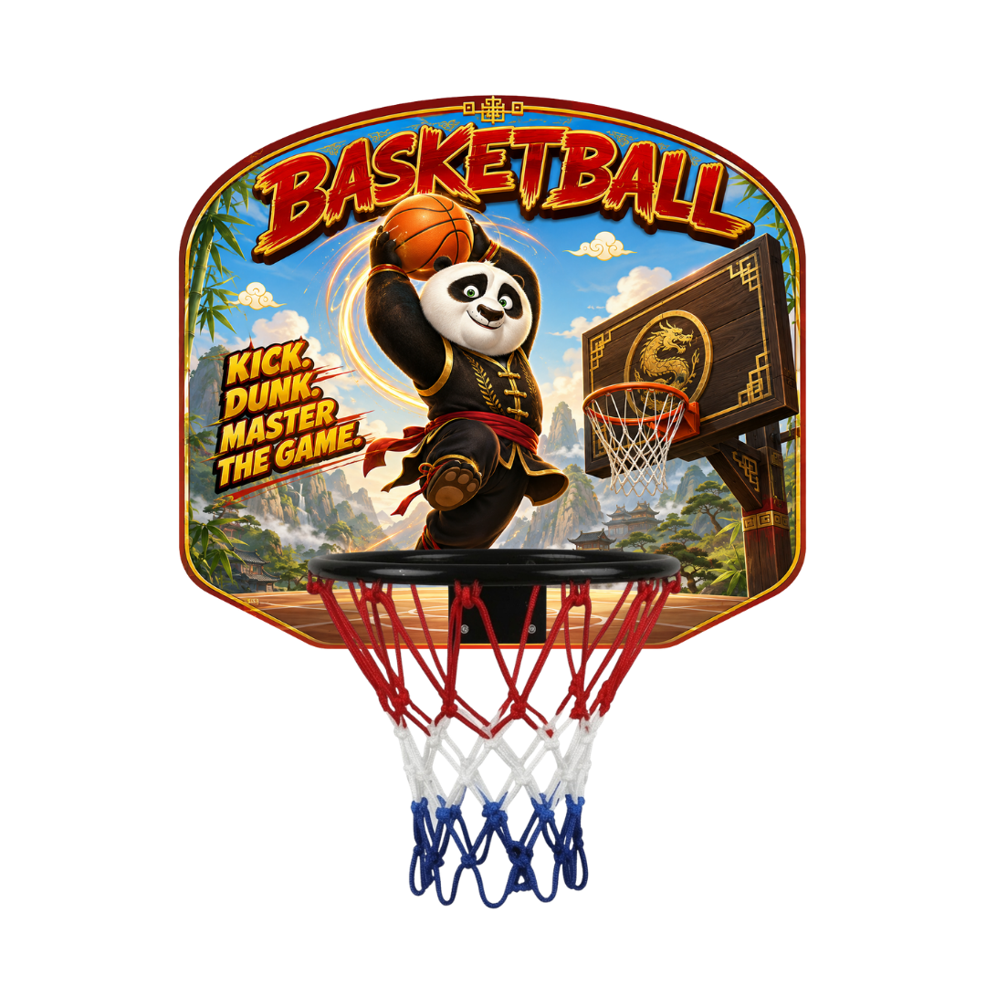 Kids basketball hoop set close-up with panda backboard art, red rim and net