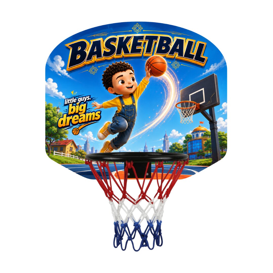 Kids basketball hoop backboard graphic with red rim and blue-white net, front view