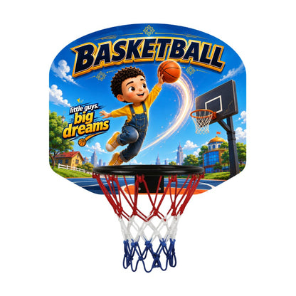 Kids basketball hoop backboard graphic with red rim and blue-white net, front view