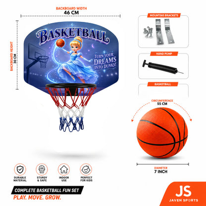 Kids basketball hoop set kit diagram with net, basketball, hand pump, and brackets