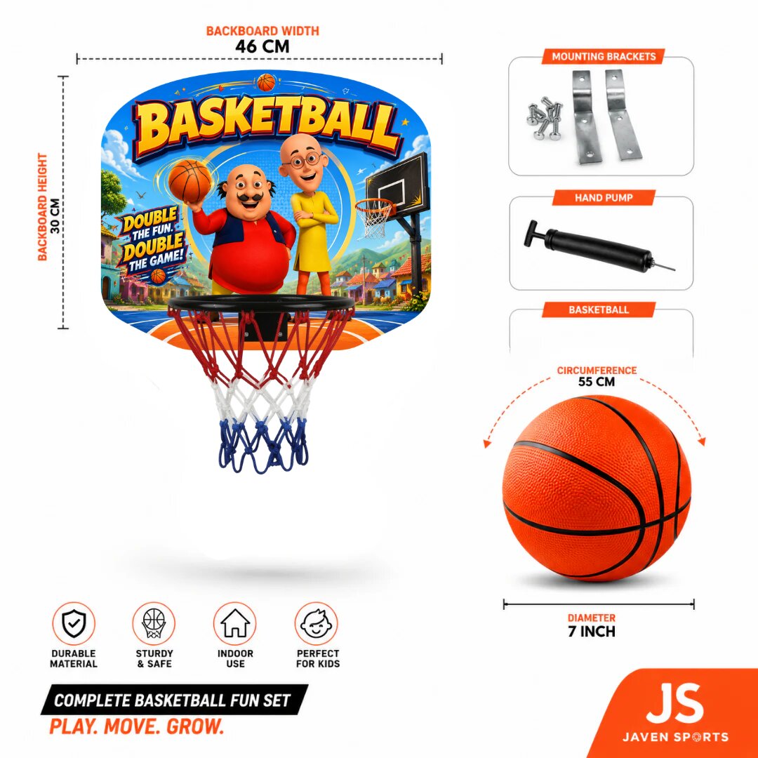 Kids basketball hoop set diagram with cartoon backboard, net, and orange ball