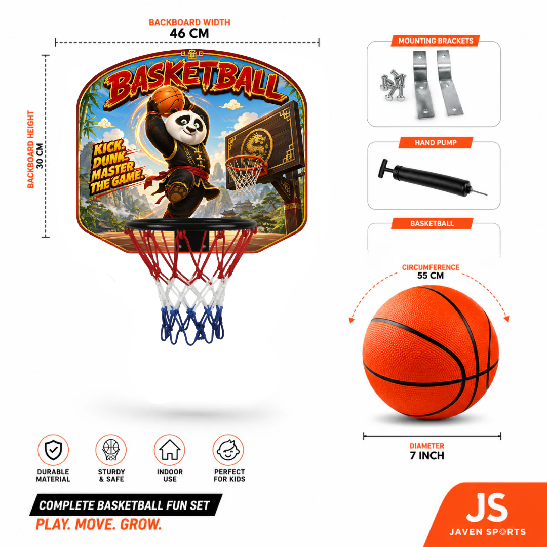Kids basketball hoop set with panda backboard, red rim, basketball, pump, and mounting brackets