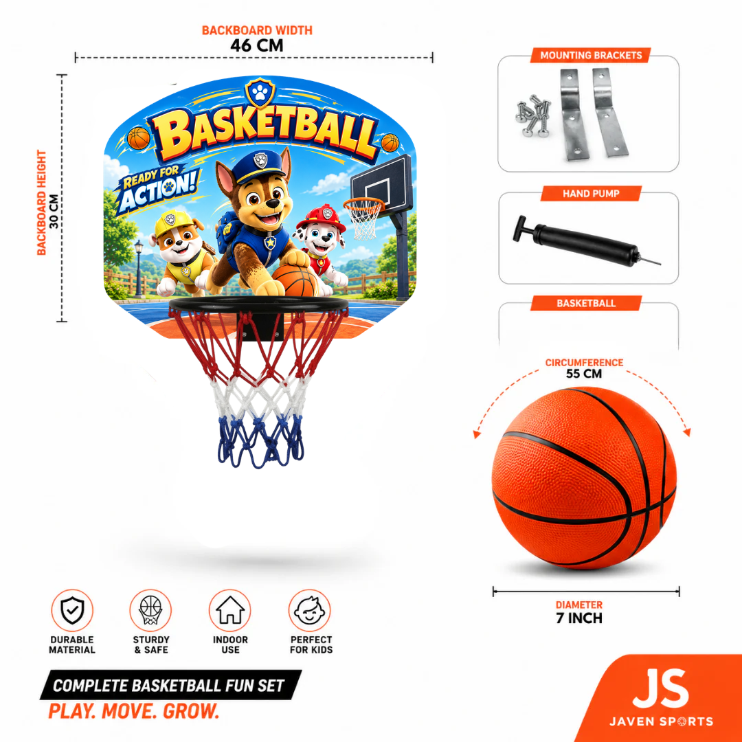 Basketball hoop set diagram showing backboard, net, mounting brackets, pump, and ball