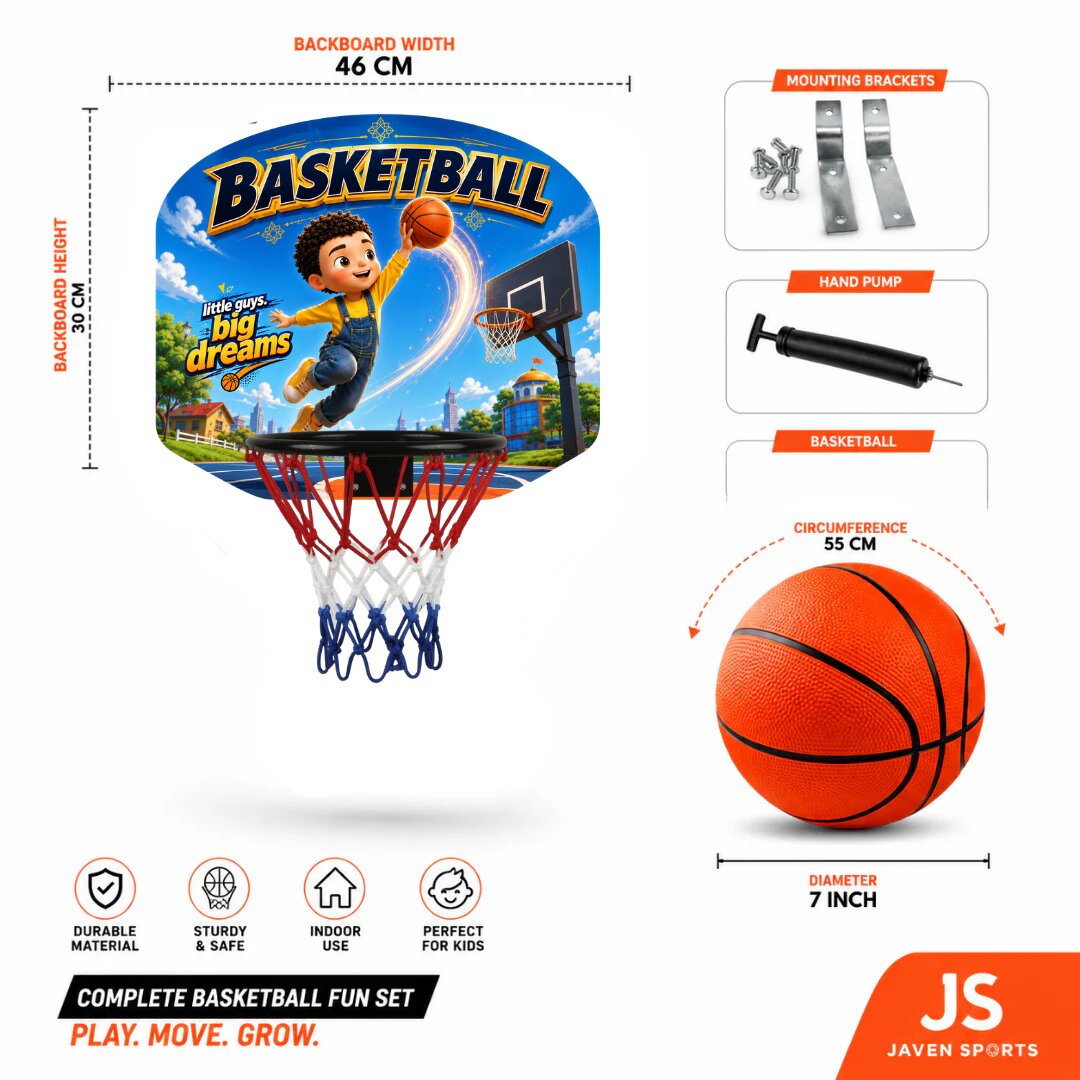Kids basketball hoop fun set with backboard, mounting brackets, hand pump, and basketball