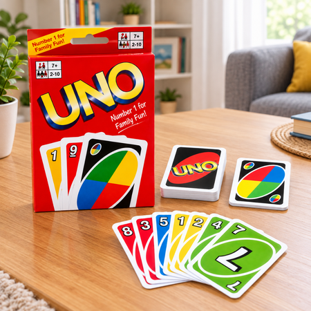 UNO card game set with red deck box and colorful cards spread on table